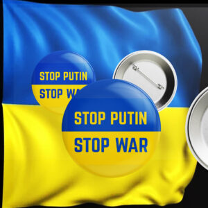 Stop Putin, Stop War, Support Ukraine Blue & Yellow Pin Button