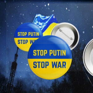 Stop Putin, Stop War, Support Ukraine Blue & Yellow Pin Button