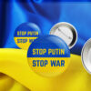 Stop Putin, Stop War, Support Ukraine Blue & Yellow Pin Button
